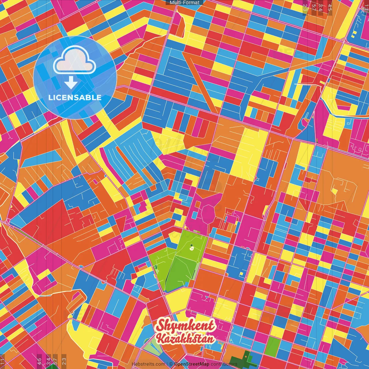 Shymkent, South Kazakhstan Region, Kazakhstan Crazy Colorful Street Map Poster Template