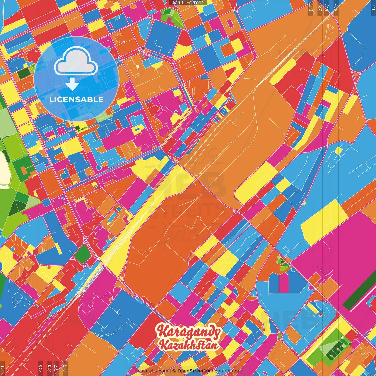 Karagandy, Karagandy Province, Kazakhstan Crazy Colorful Street Map Poster Template