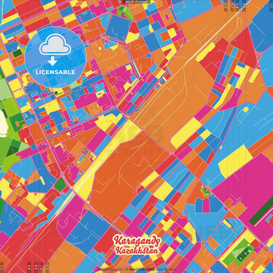 Karagandy, Karagandy Province, Kazakhstan Crazy Colorful Street Map Poster Template
