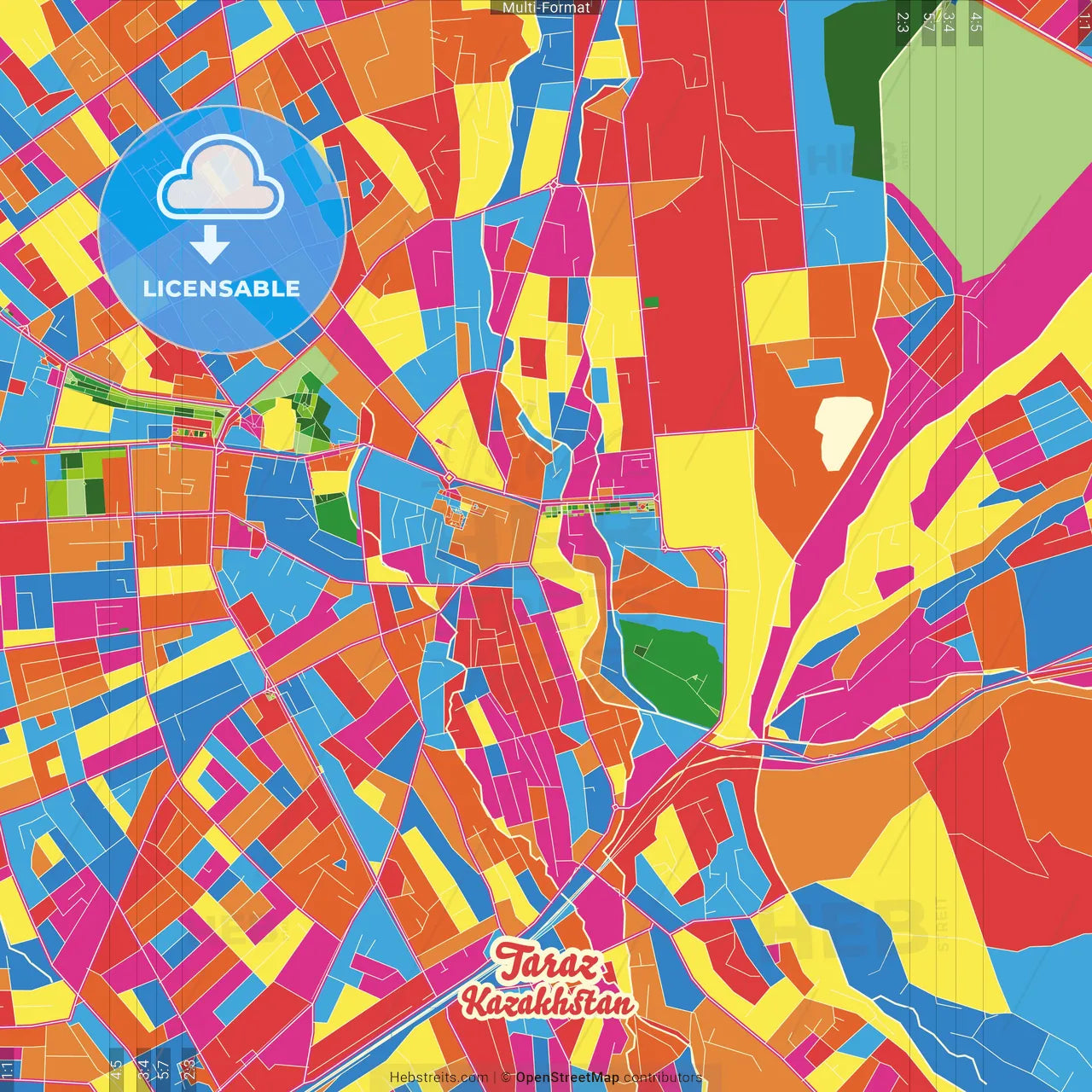 Taraz, Jambyl Province, Kazakhstan Crazy Colorful Street Map Poster Template