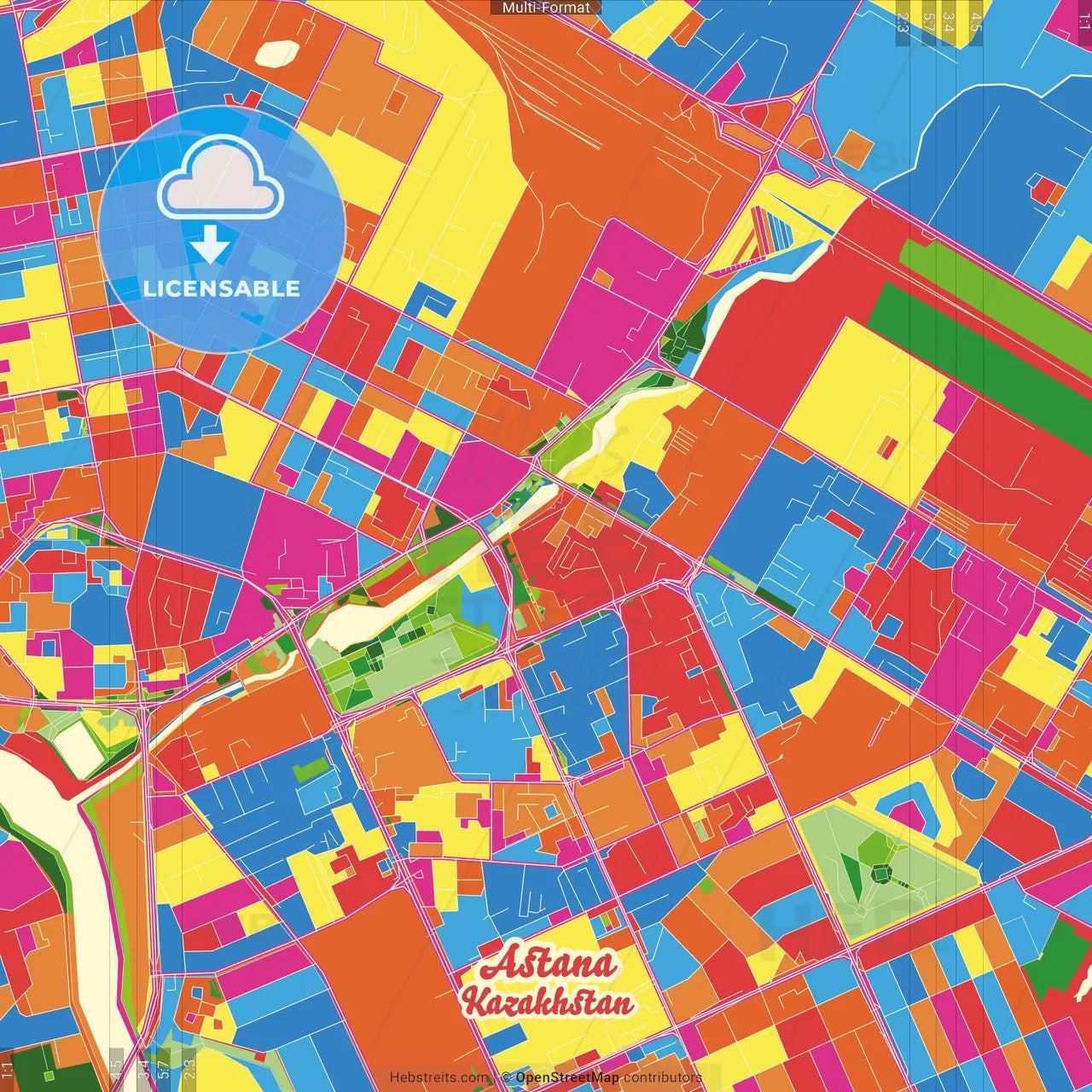 Astana, Capital, Kazakhstan Crazy Colorful Street Map Poster Template