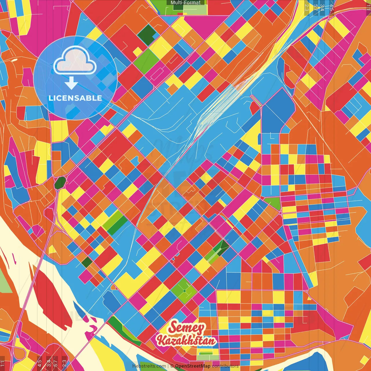 Semey, East Kazakhstan Region, Kazakhstan Crazy Colorful Street Map Poster Template