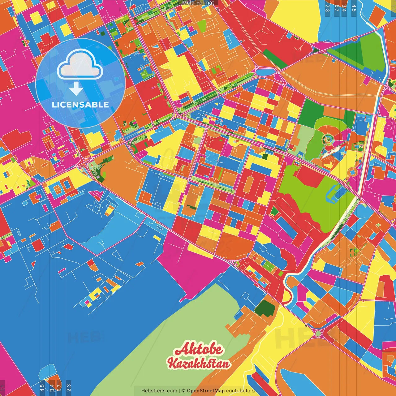 Aktobe, Aktobe Province, Kazakhstan Crazy Colorful Street Map Poster Template