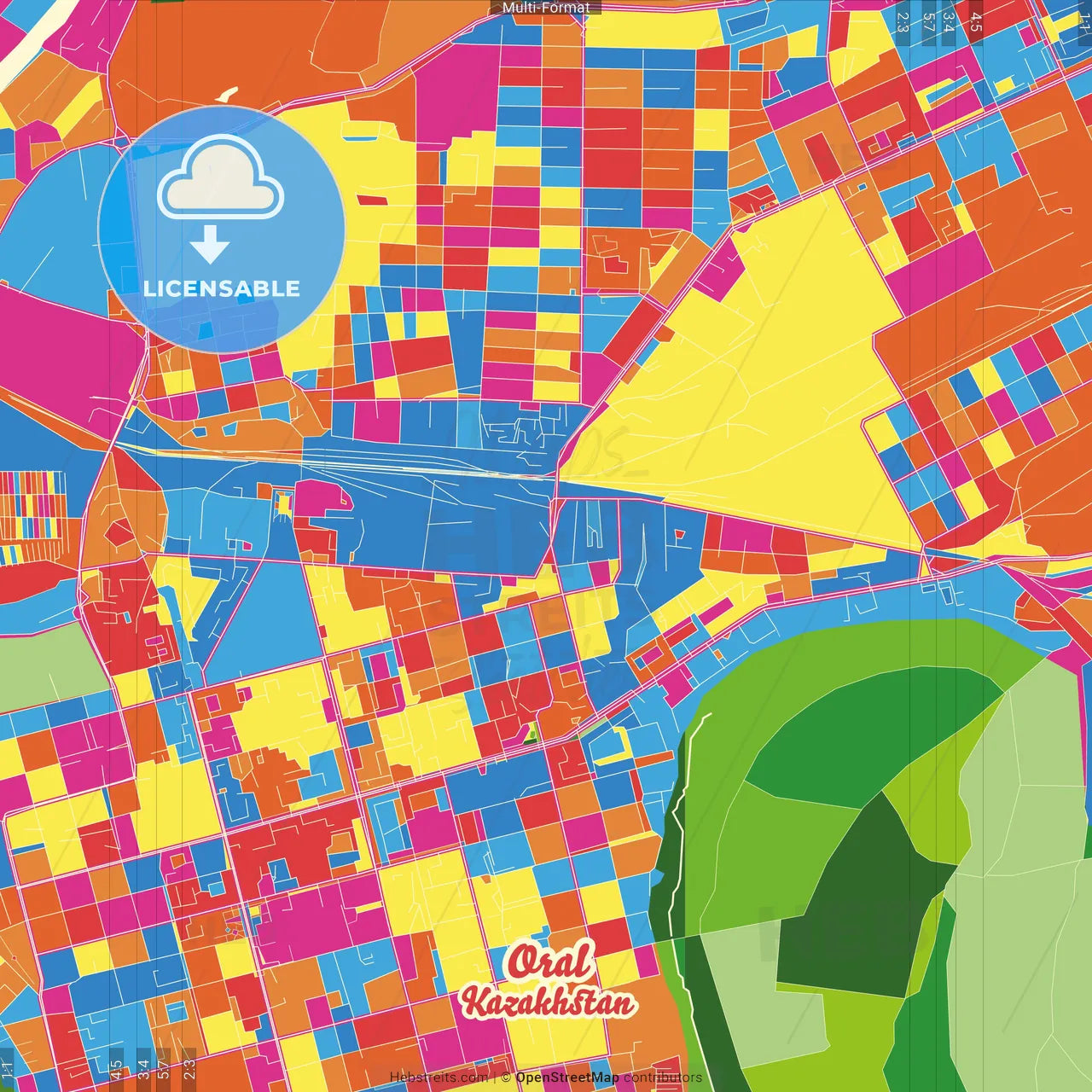 Oral, West Kazakhstan Region, Kazakhstan Crazy Colorful Street Map Poster Template