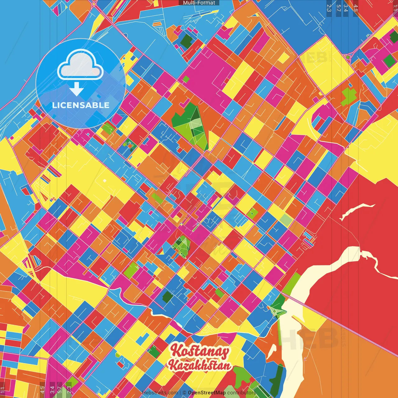 Kostanay, Kostanay Province, Kazakhstan Crazy Colorful Street Map Poster Template