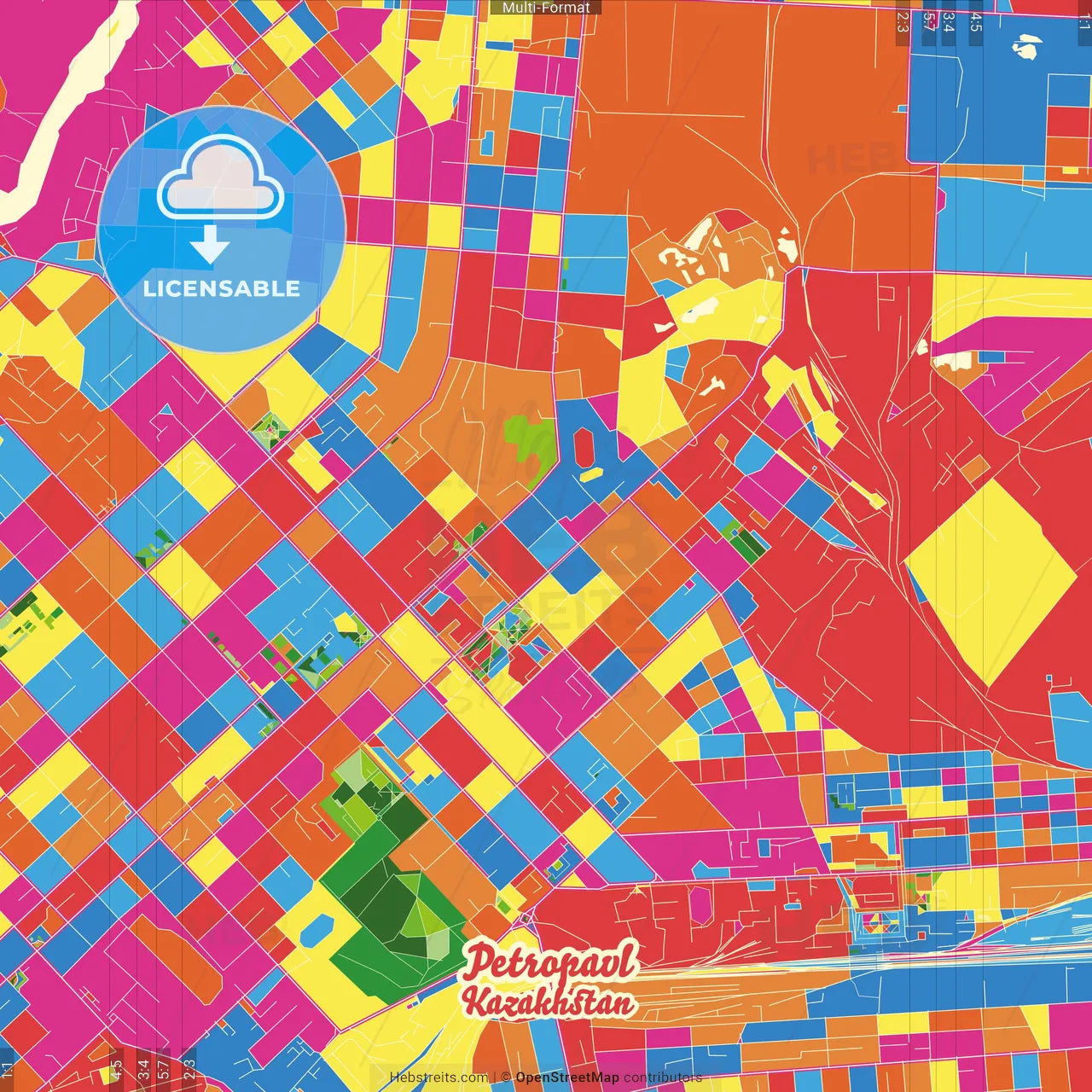 Petropavl, North Kazakhstan Province, Kazakhstan Crazy Colorful Street Map Poster Template