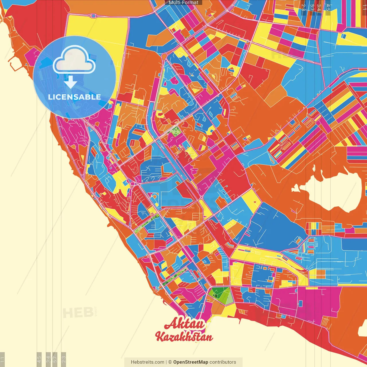 Aktau, Mangystau Province, Kazakhstan Crazy Colorful Street Map Poster Template