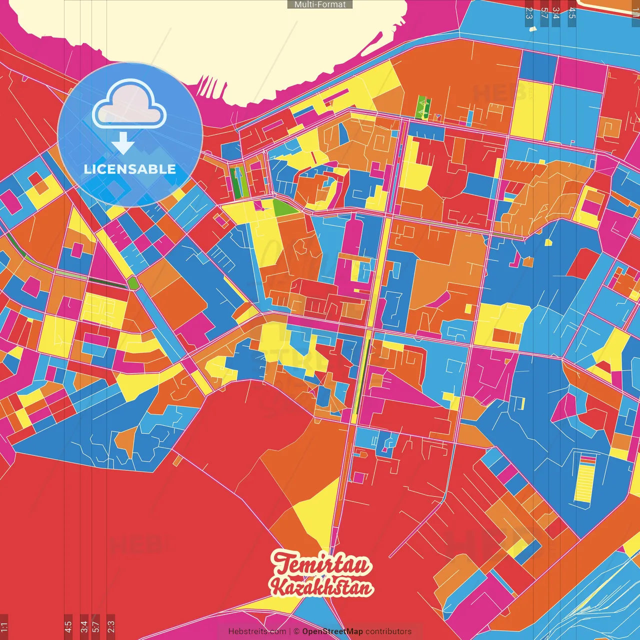 Temirtau, Karagandy Province, Kazakhstan Crazy Colorful Street Map Poster Template