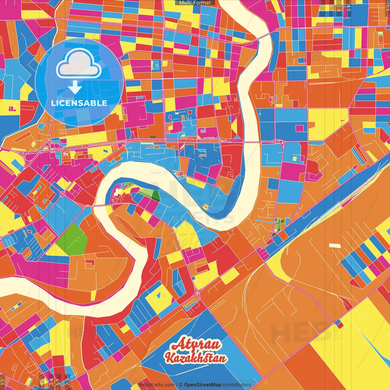 Atyrau, Atyrau province, Kazakhstan Crazy Colorful Street Map Poster Template