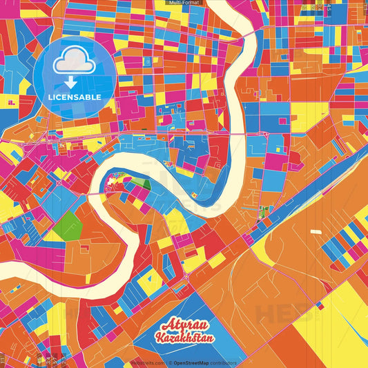 Atyrau, Atyrau province, Kazakhstan Crazy Colorful Street Map Poster Template