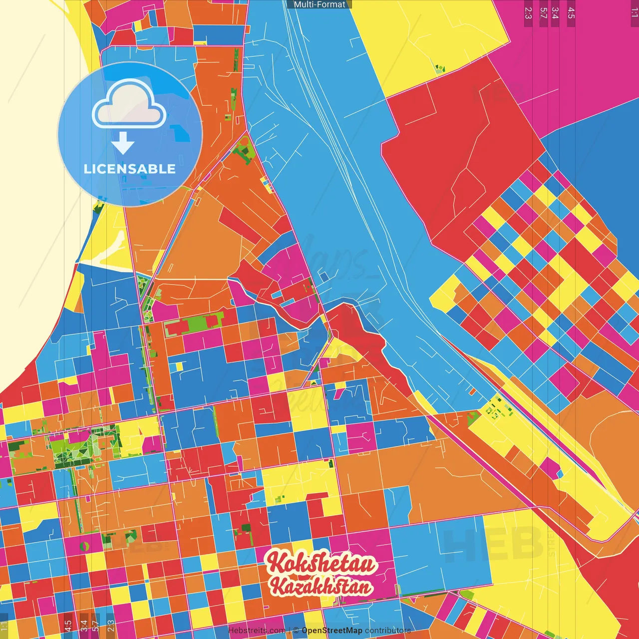 Kokshetau, Akmola Province, Kazakhstan Crazy Colorful Street Map Poster Template