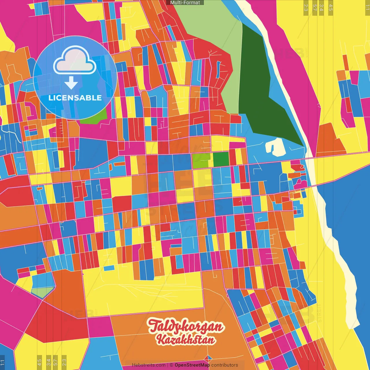 Taldykorgan, Almaty Province, Kazakhstan Crazy Colorful Street Map Poster Template
