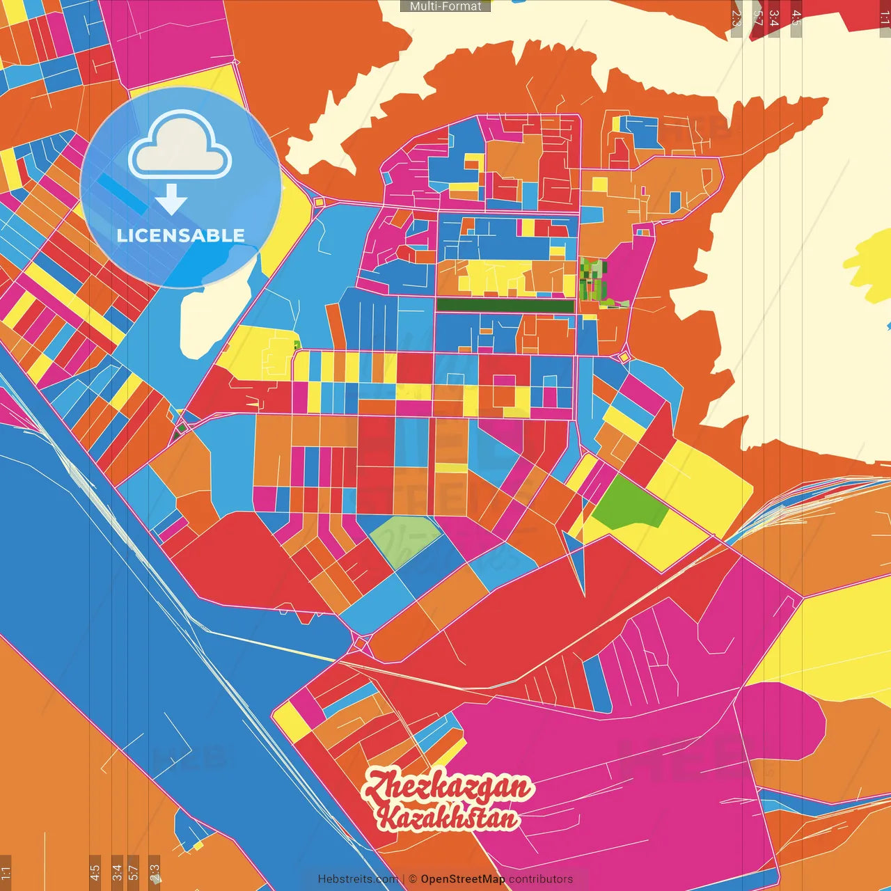 Zhezkazgan, Karagandy Province, Kazakhstan Crazy Colorful Street Map Poster Template