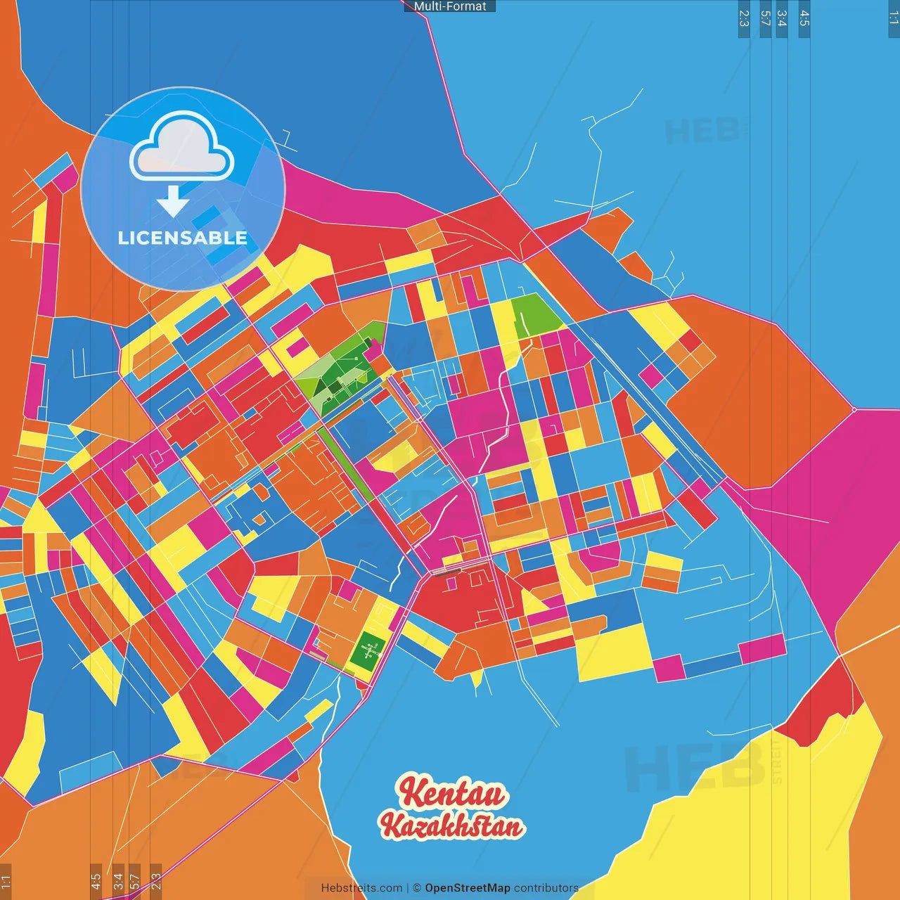 Kentau, South Kazakhstan Province, Kazakhstan Crazy Colorful Street Map Poster Template
