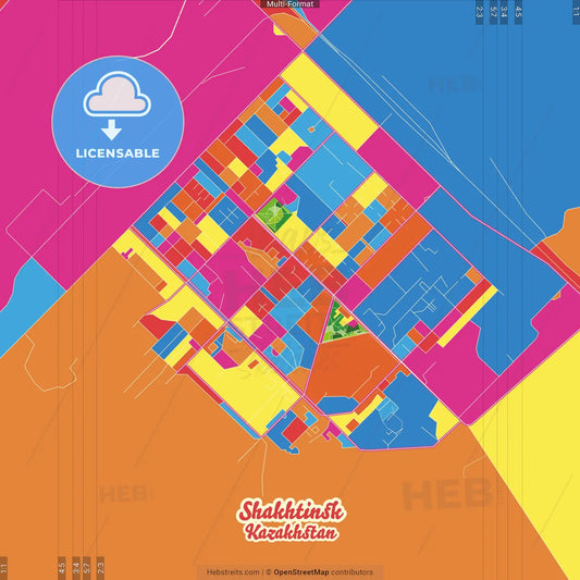 Shakhtinsk, Karagandy Region, Kazakhstan Crazy Colorful Street Map Poster Template