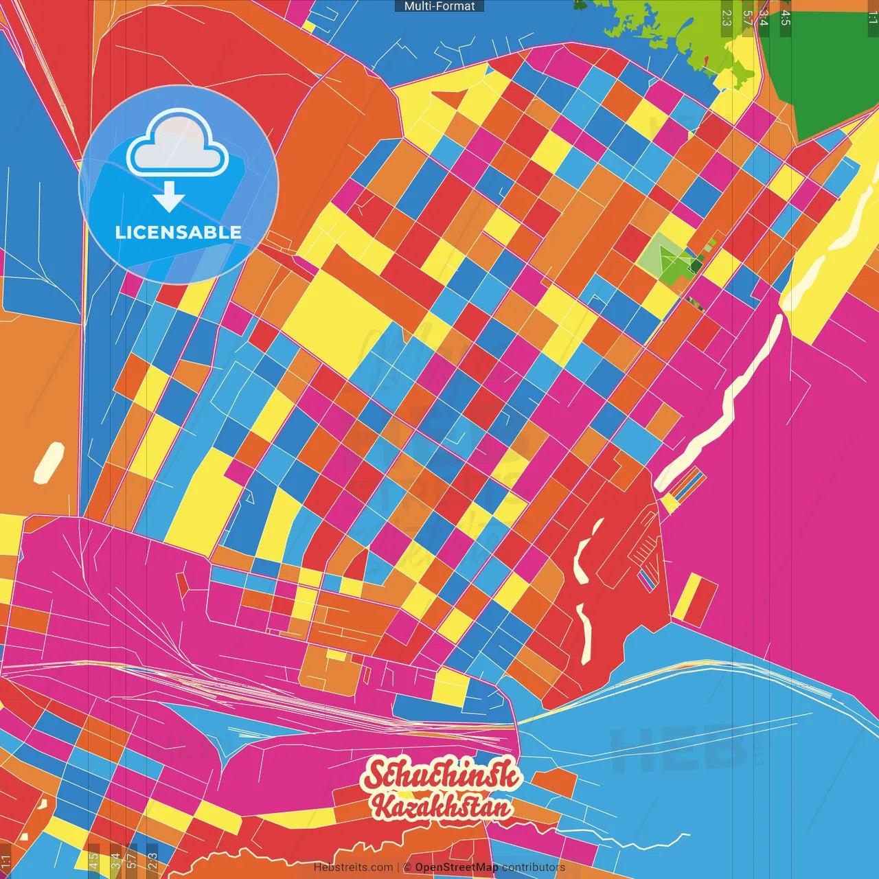 Schuchinsk, Akmola Province, Kazakhstan Crazy Colorful Street Map Poster Template