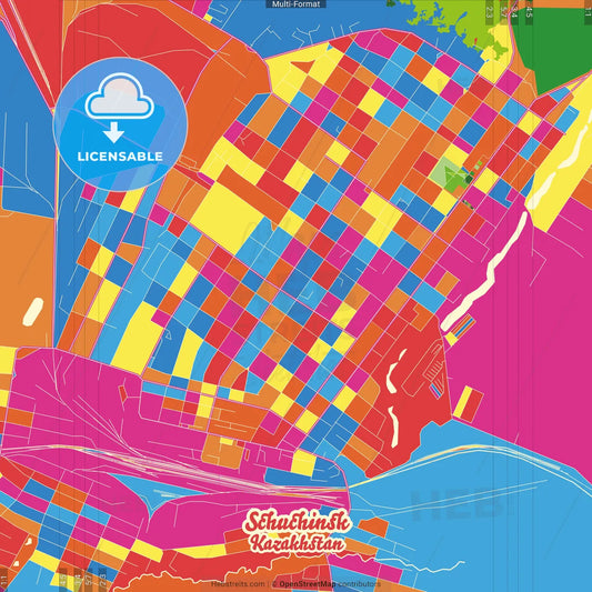 Schuchinsk, Akmola Province, Kazakhstan Crazy Colorful Street Map Poster Template