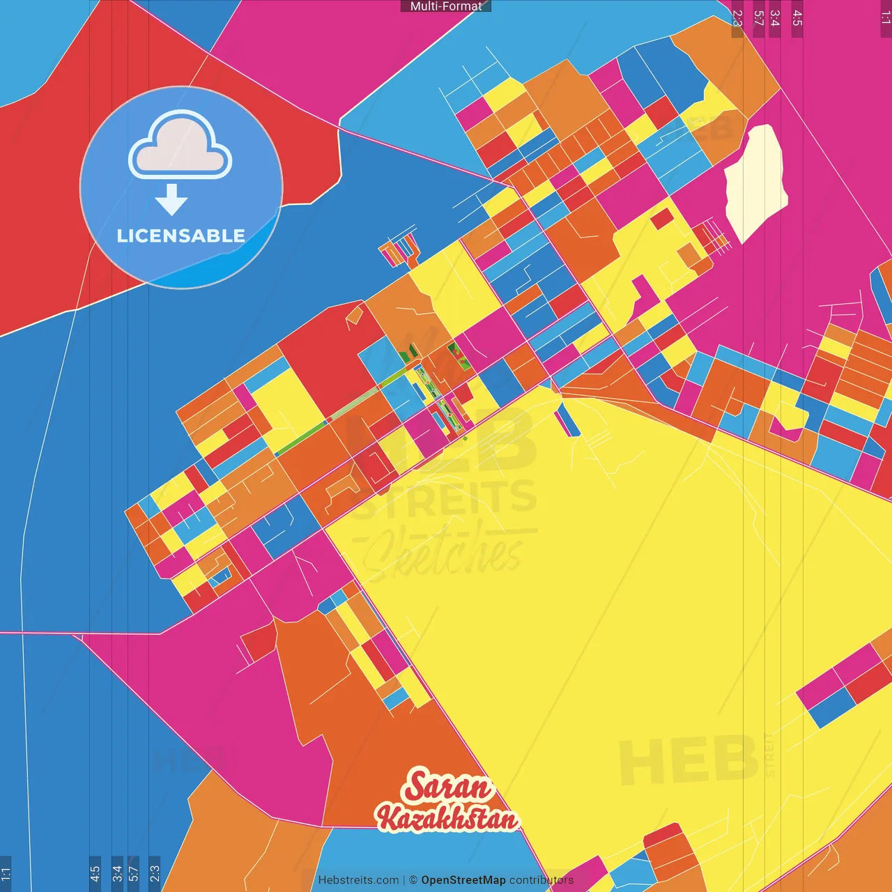 Saran, Karagandy Province, Kazakhstan Crazy Colorful Street Map Poster Template