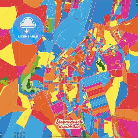 Stepnogorsk, Akmola Province, Kazakhstan Crazy Colorful Street Map Poster Template