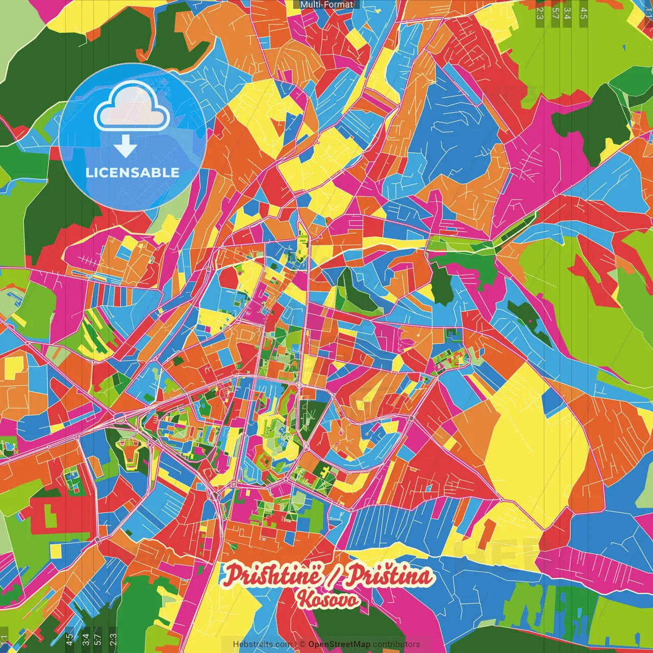 Prishtinë / Priština, District of Pristina, Kosovo Crazy Colorful Street Map Poster Template