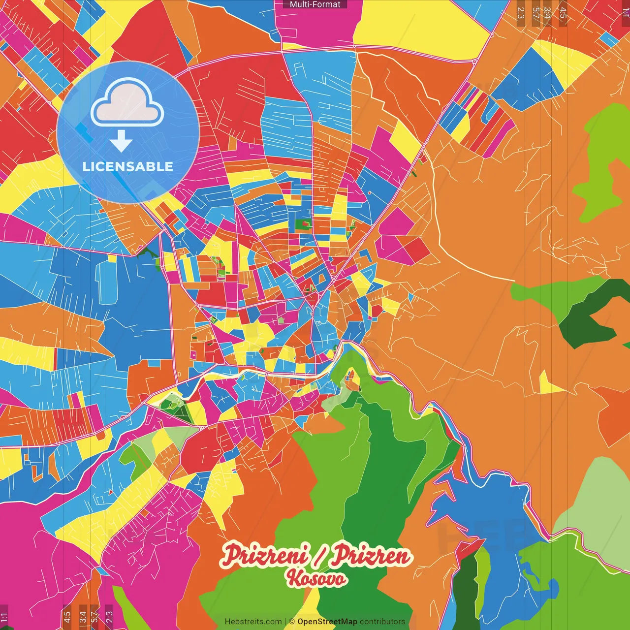 Prizreni / Prizren, District of Prizren, Kosovo Crazy Colorful Street Map Poster Template