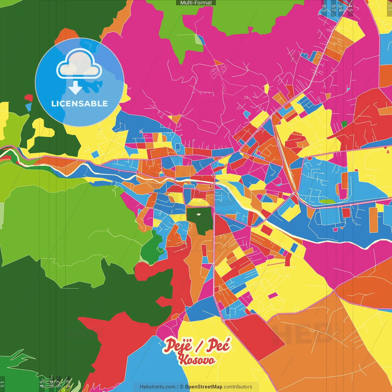 Pejë / Peć, District of Peć, Kosovo Crazy Colorful Street Map Poster Template
