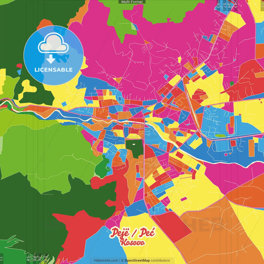 Pejë / Peć, District of Peć, Kosovo Crazy Colorful Street Map Poster Template