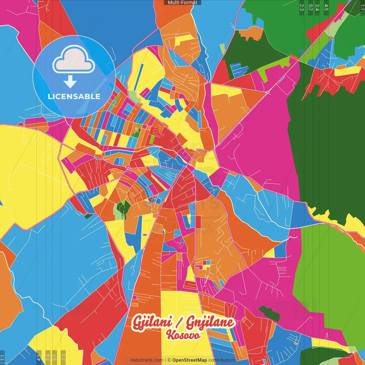 Gjilani / Gnjilane, District of Gjilan, Kosovo Crazy Colorful Street Map Poster Template