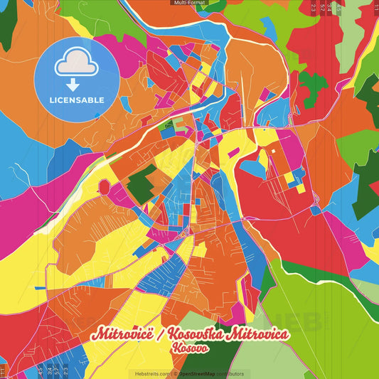 Mitrovicë / Kosovska Mitrovica, District of Mitrovica, Kosovo Crazy Colorful Street Map Poster Template