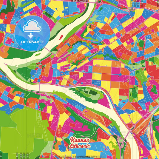 Kaunas, Kaunas County, Lithuania Crazy Colorful Street Map Poster Template