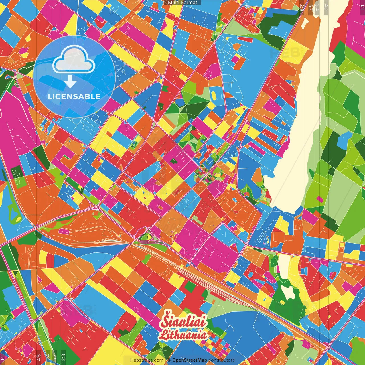 Šiauliai, Šiauliai County, Lithuania Crazy Colorful Street Map Poster Template