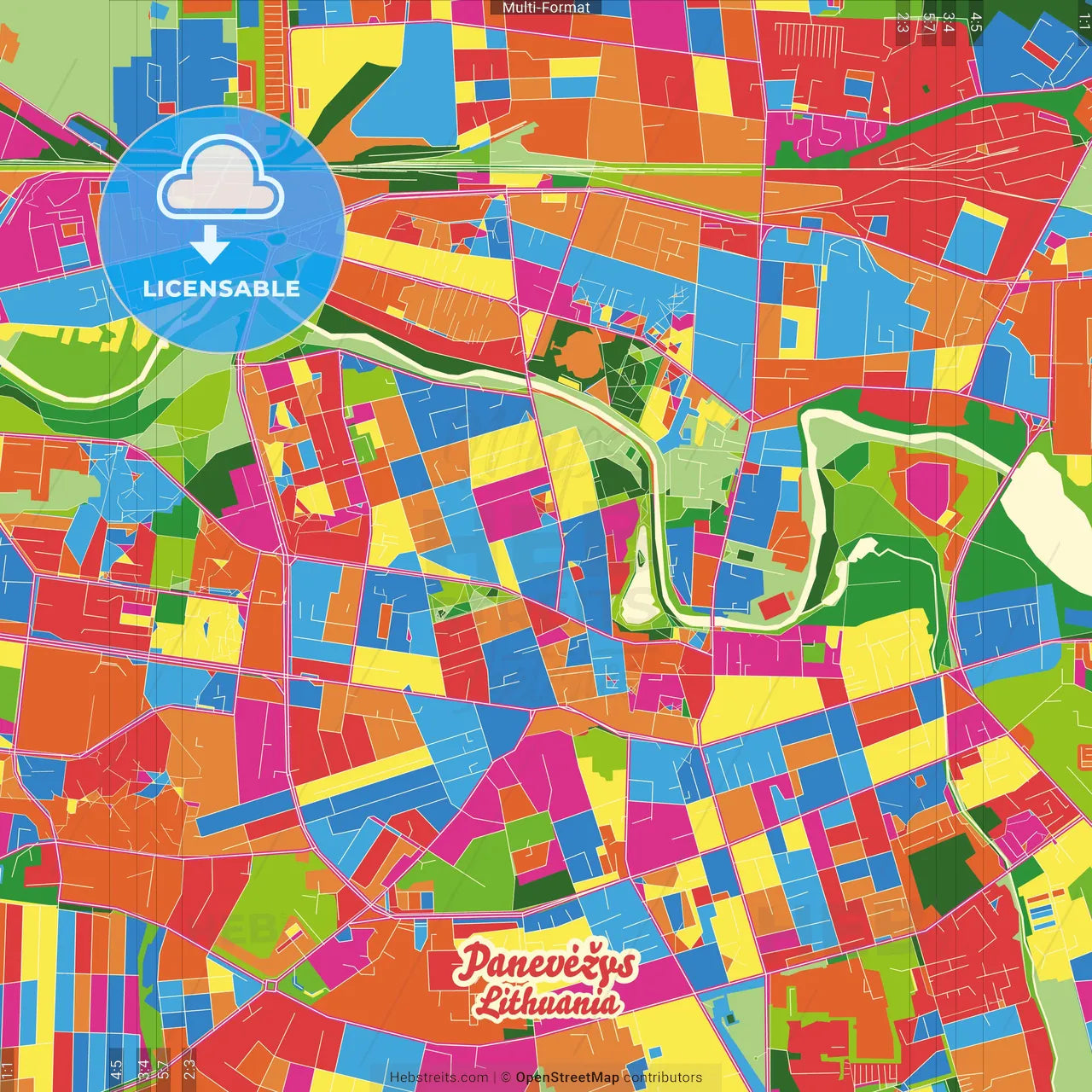 Panevėžys, Panevėžys County, Lithuania Crazy Colorful Street Map Poster Template