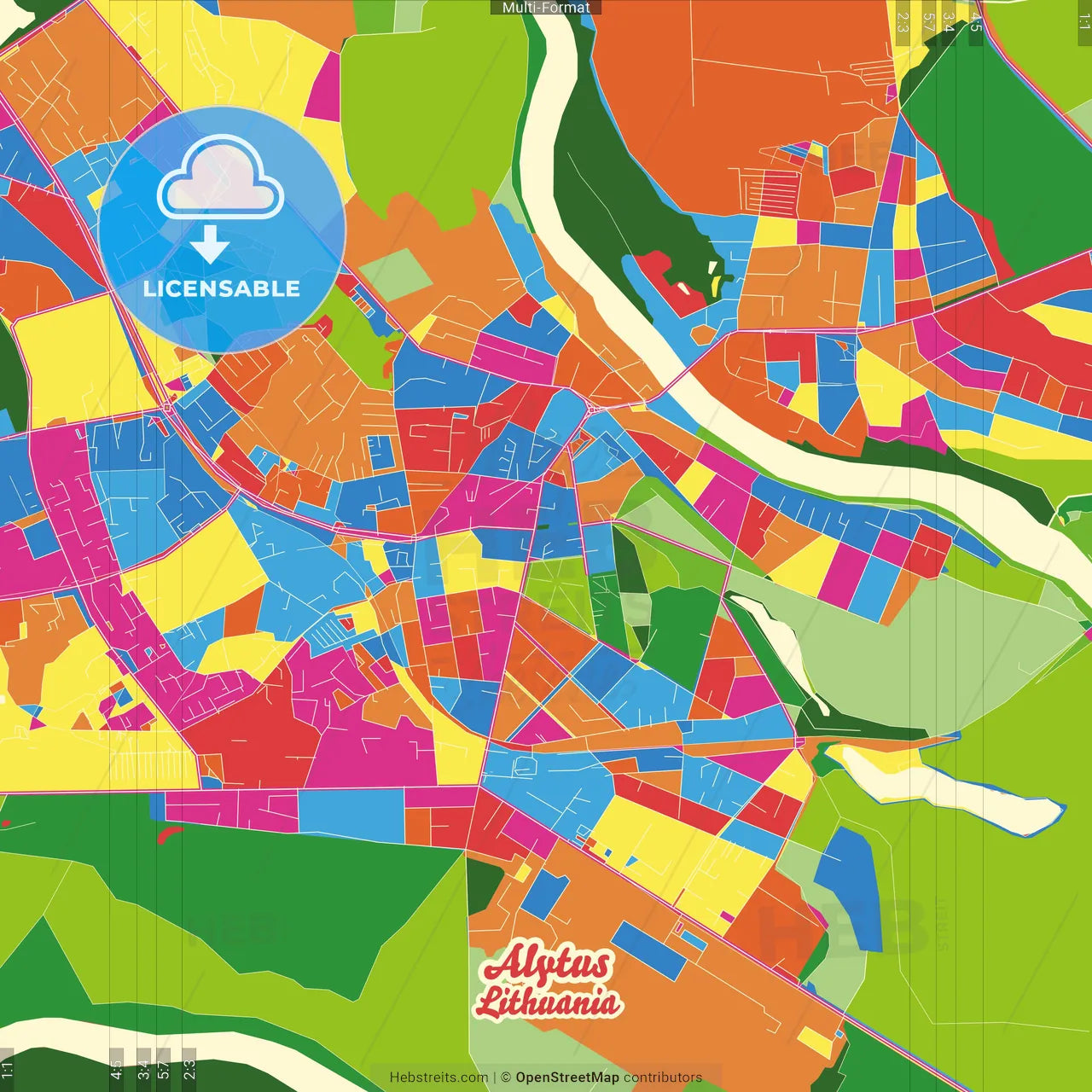 Alytus, Alytus County, Lithuania Crazy Colorful Street Map Poster Template