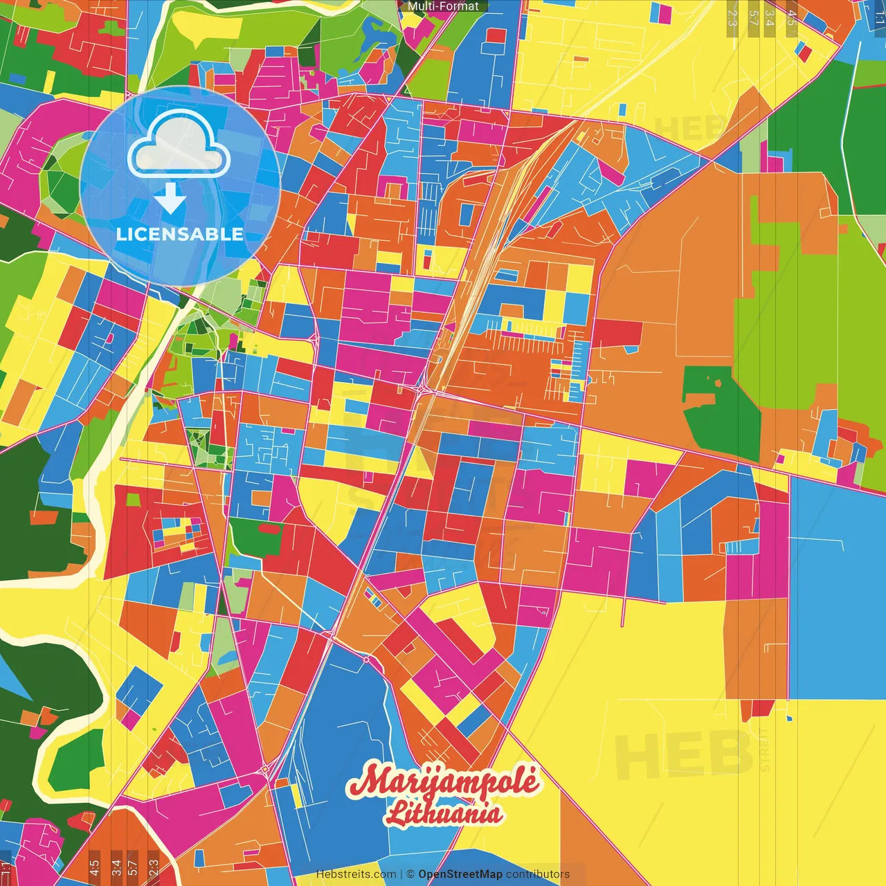 Marijampolė, Marijampolė County, Lithuania Crazy Colorful Street Map Poster Template