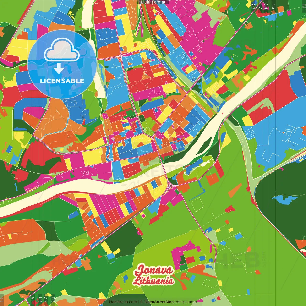 Jonava, Kaunas County, Lithuania Crazy Colorful Street Map Poster Template