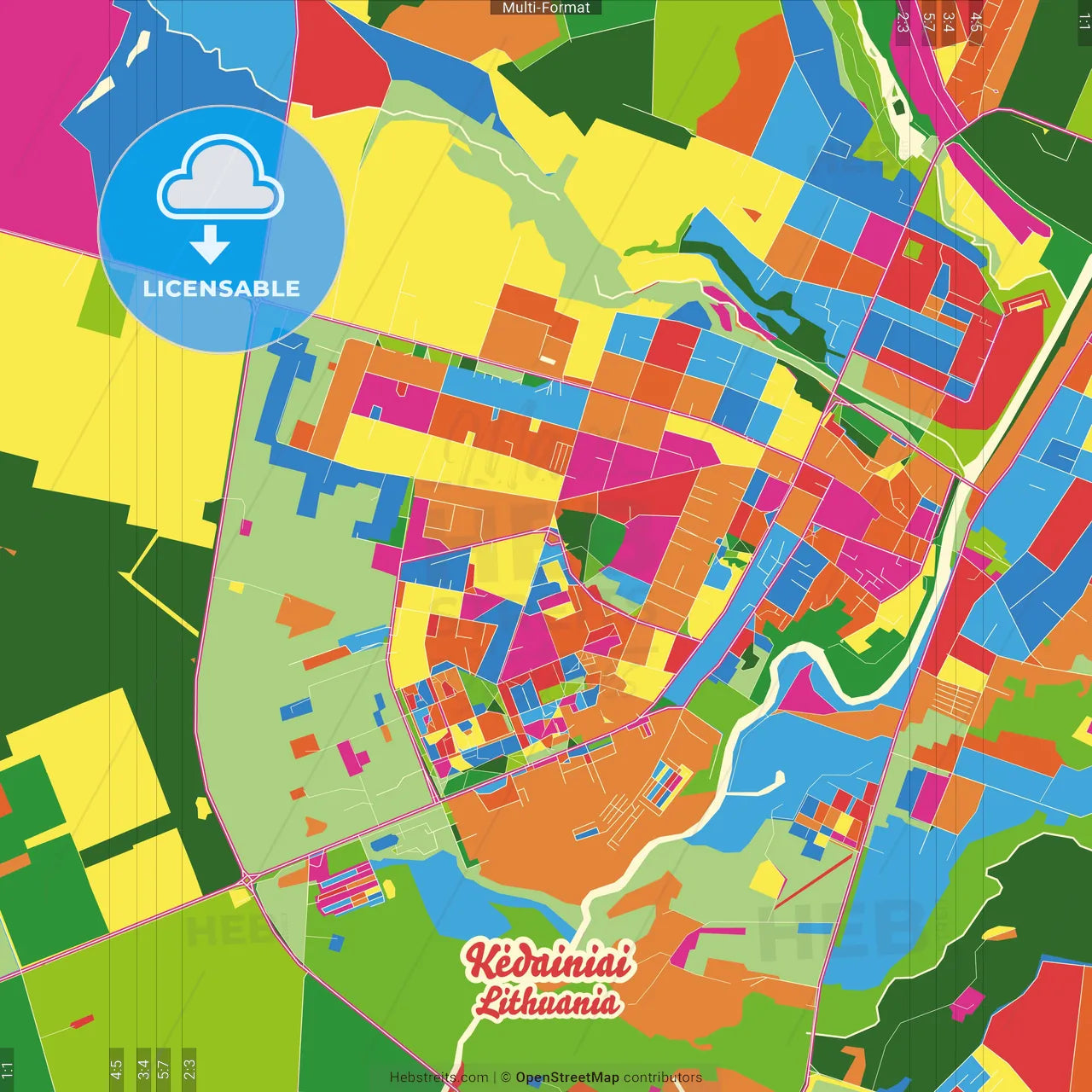 Kėdainiai, Kaunas County, Lithuania Crazy Colorful Street Map Poster Template
