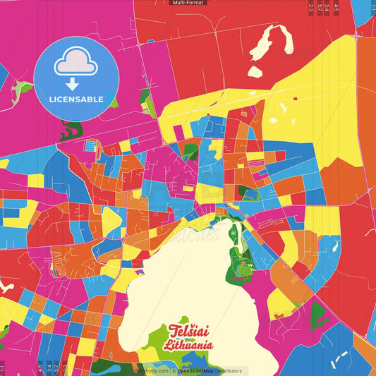 Telšiai, Telšiai County, Lithuania Crazy Colorful Street Map Poster Template