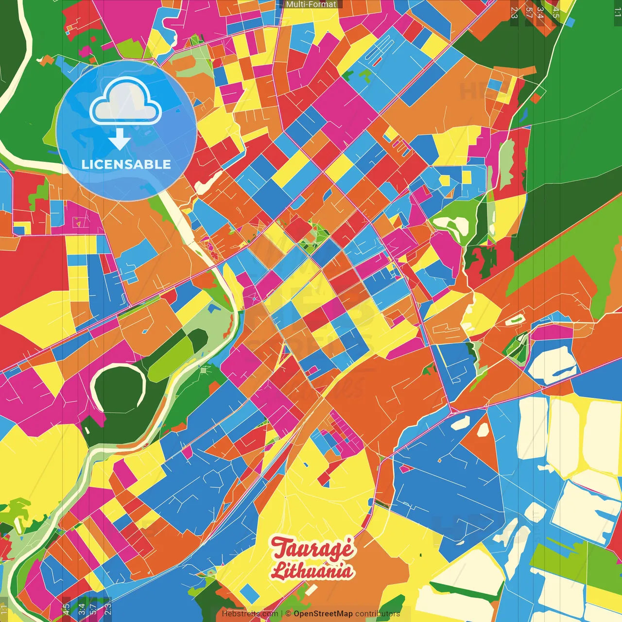 Tauragė, Tauragė County, Lithuania Crazy Colorful Street Map Poster Template