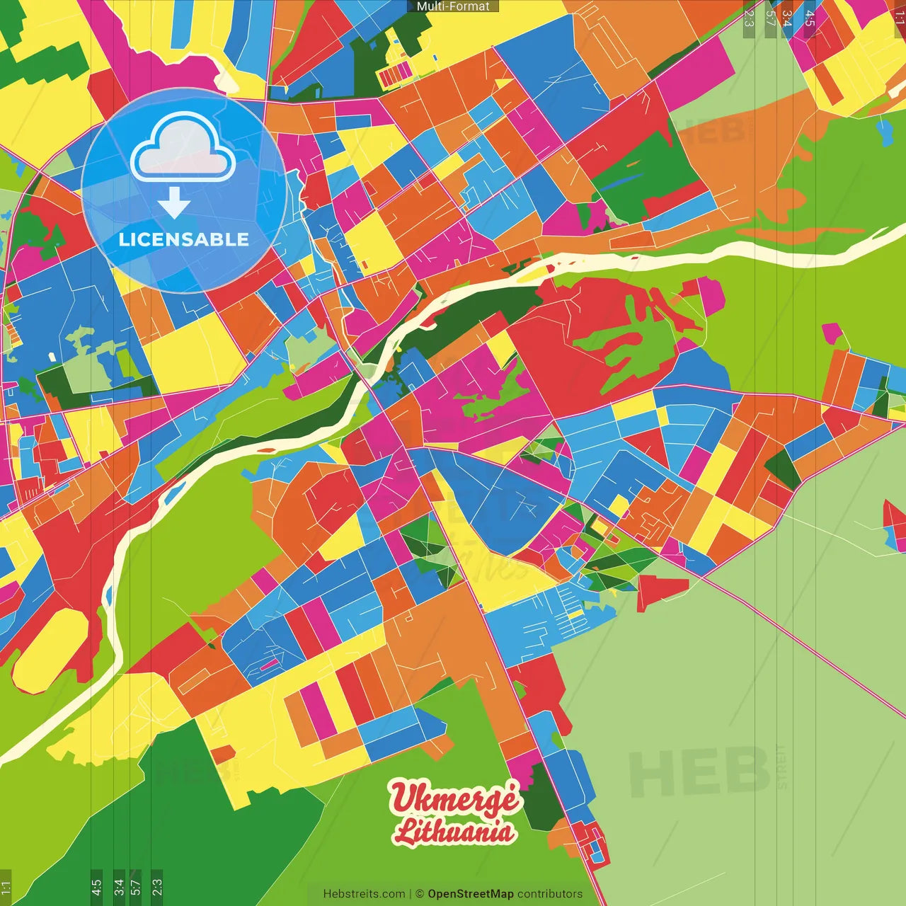 Ukmergė, Vilnius County, Lithuania Crazy Colorful Street Map Poster Template