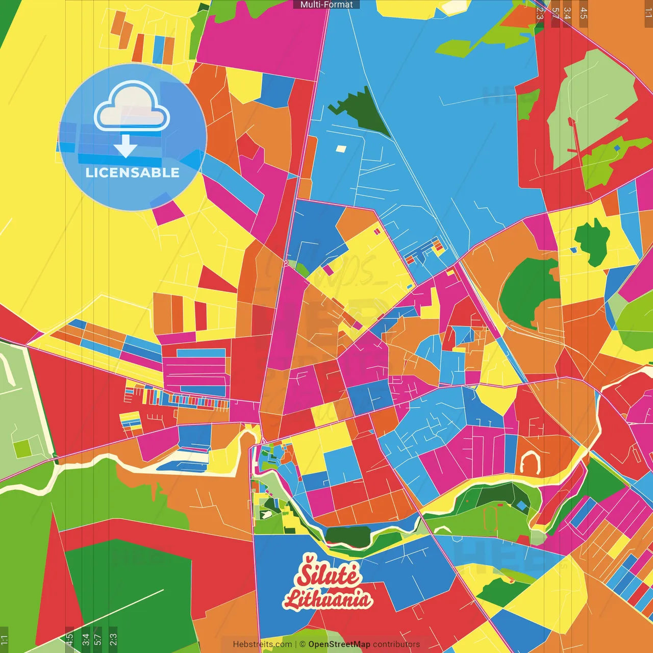 Šilutė, Klaipėda County, Lithuania Crazy Colorful Street Map Poster Template