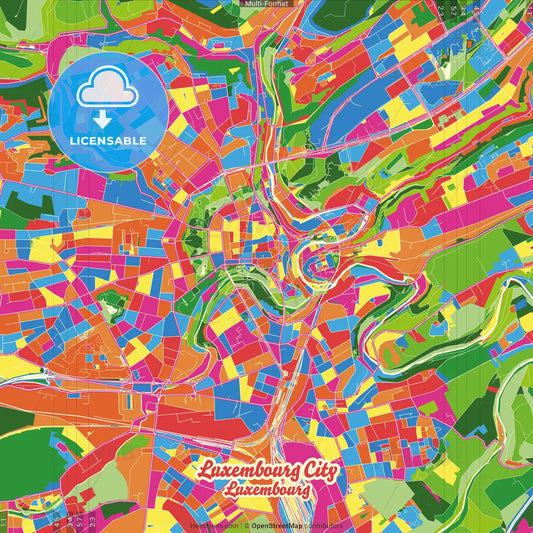 Luxembourg City, Luxembourg, Luxembourg Crazy Colorful Street Map Poster Template