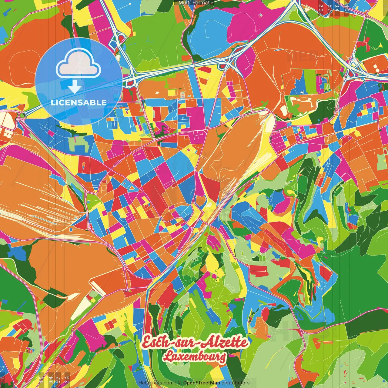 Esch-sur-Alzette, Esch-sur-Alzette, Luxembourg Crazy Colorful Street Map Poster Template