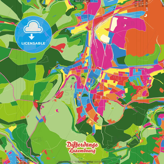 Differdange, Esch-sur-Alzette, Luxembourg Crazy Colorful Street Map Poster Template