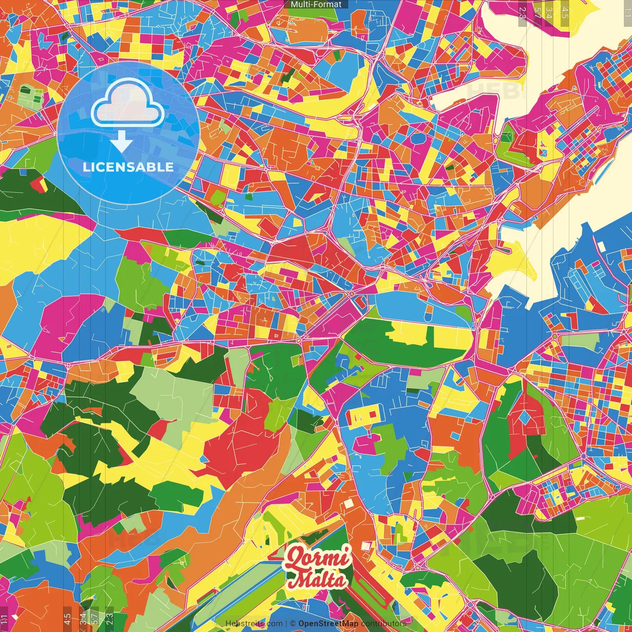 Qormi, Southern Region, Malta Crazy Colorful Street Map Poster Template