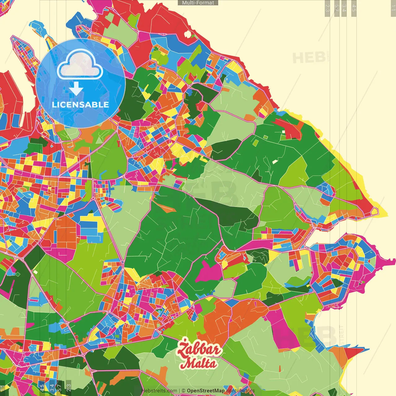Żabbar, South Eastern Region, Malta Crazy Colorful Street Map Poster Template