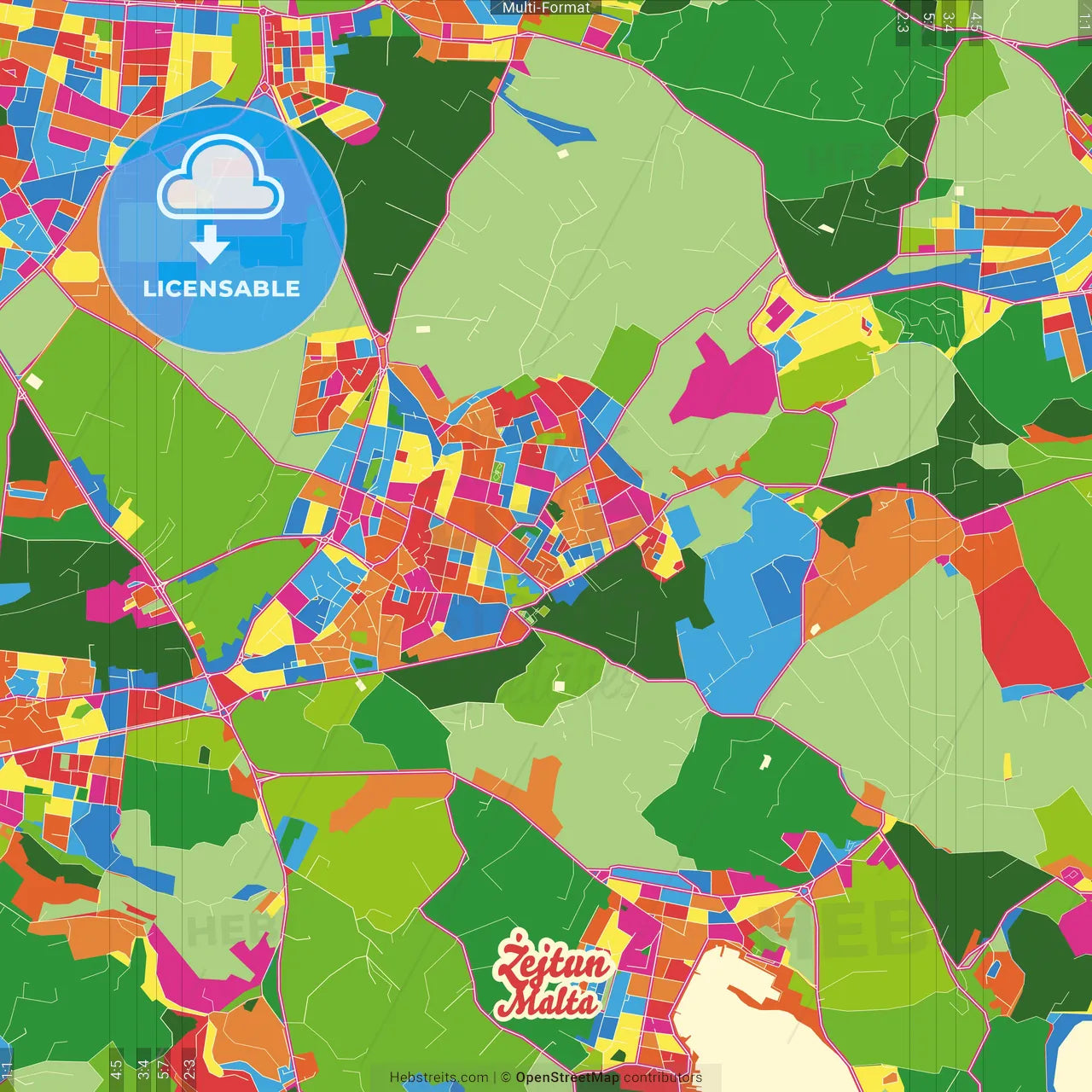 Żejtun, South Eastern Region, Malta Crazy Colorful Street Map Poster Template