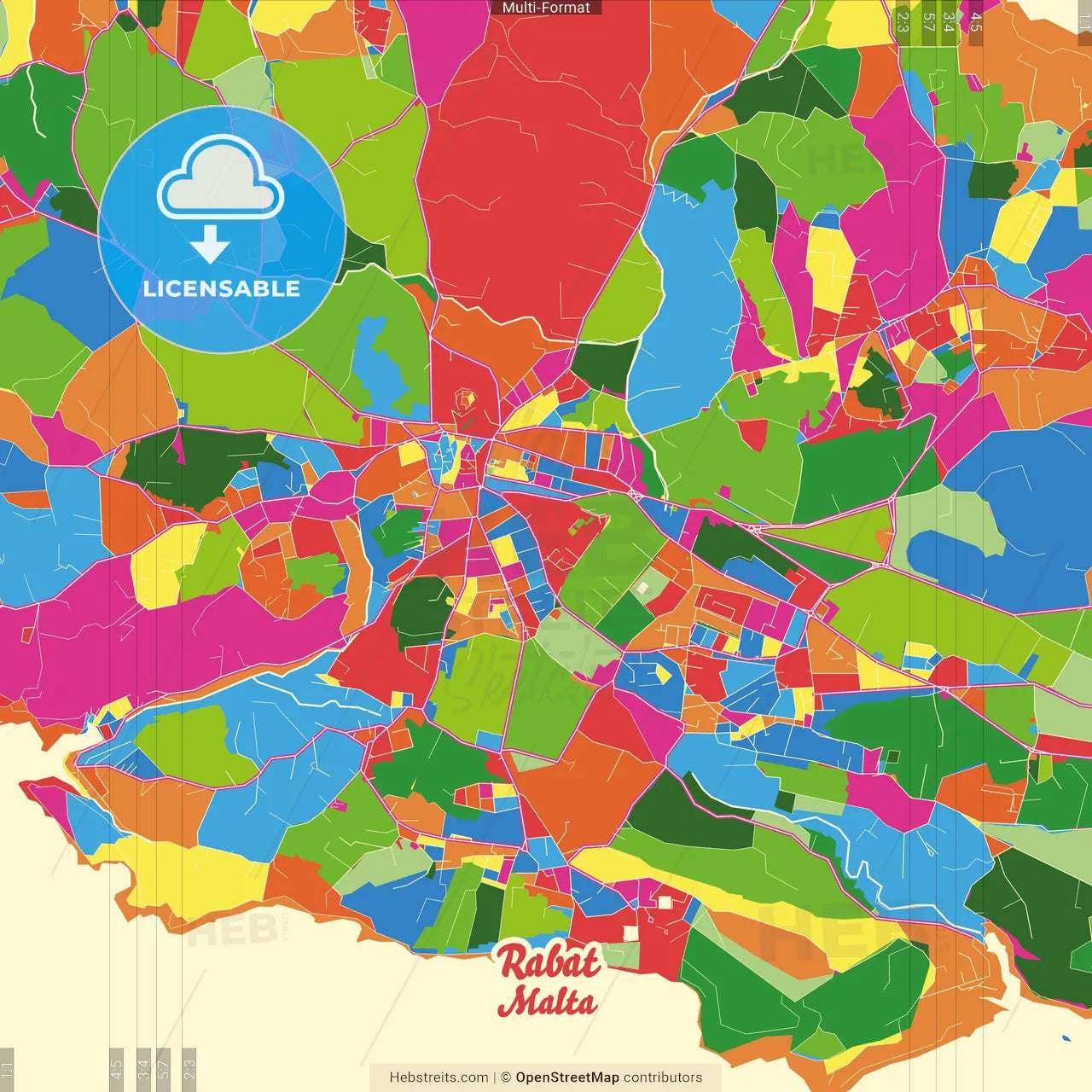 Rabat, Gozo Region, Malta Crazy Colorful Street Map Poster Template