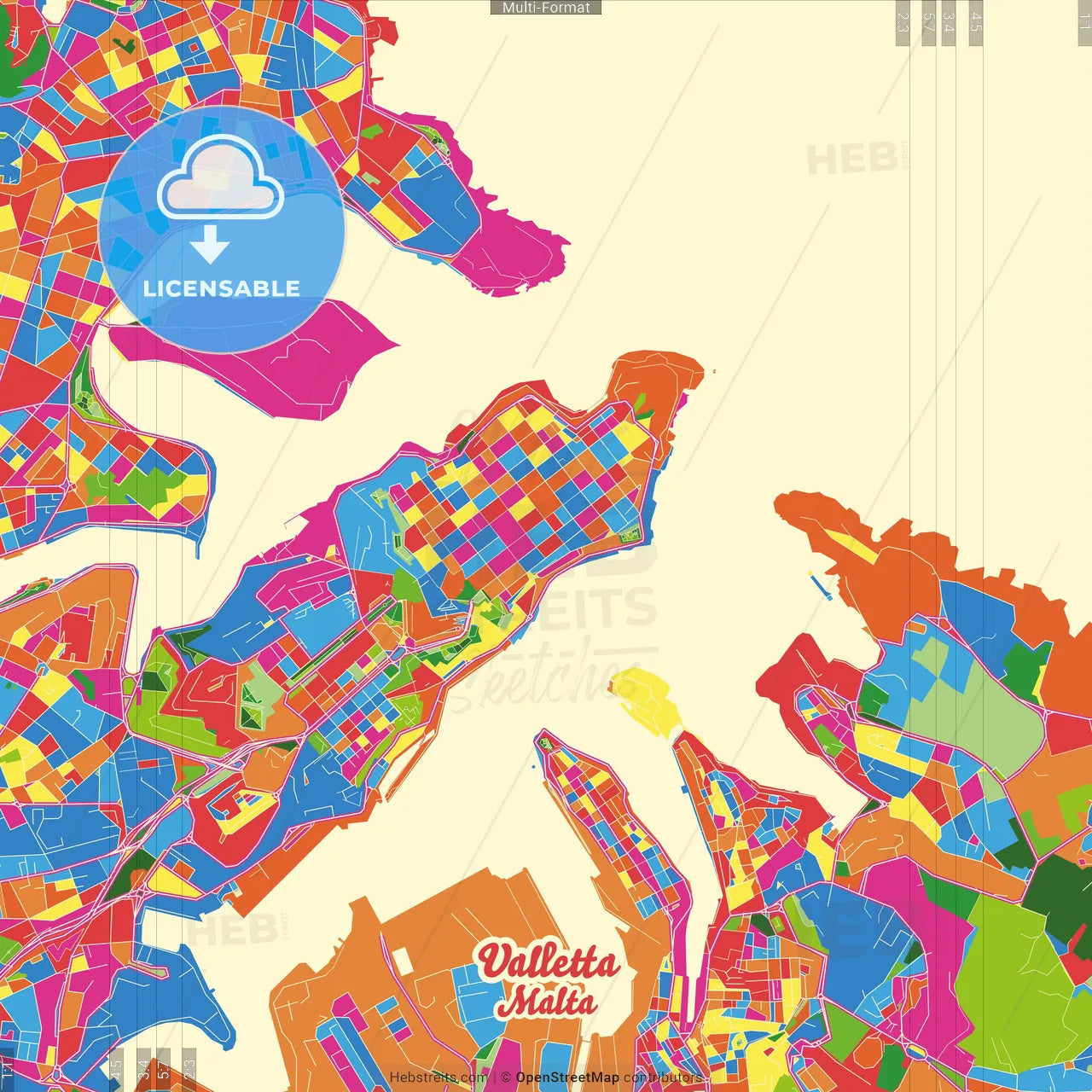 Valletta, South Eastern Region, Malta Crazy Colorful Street Map Poster Template