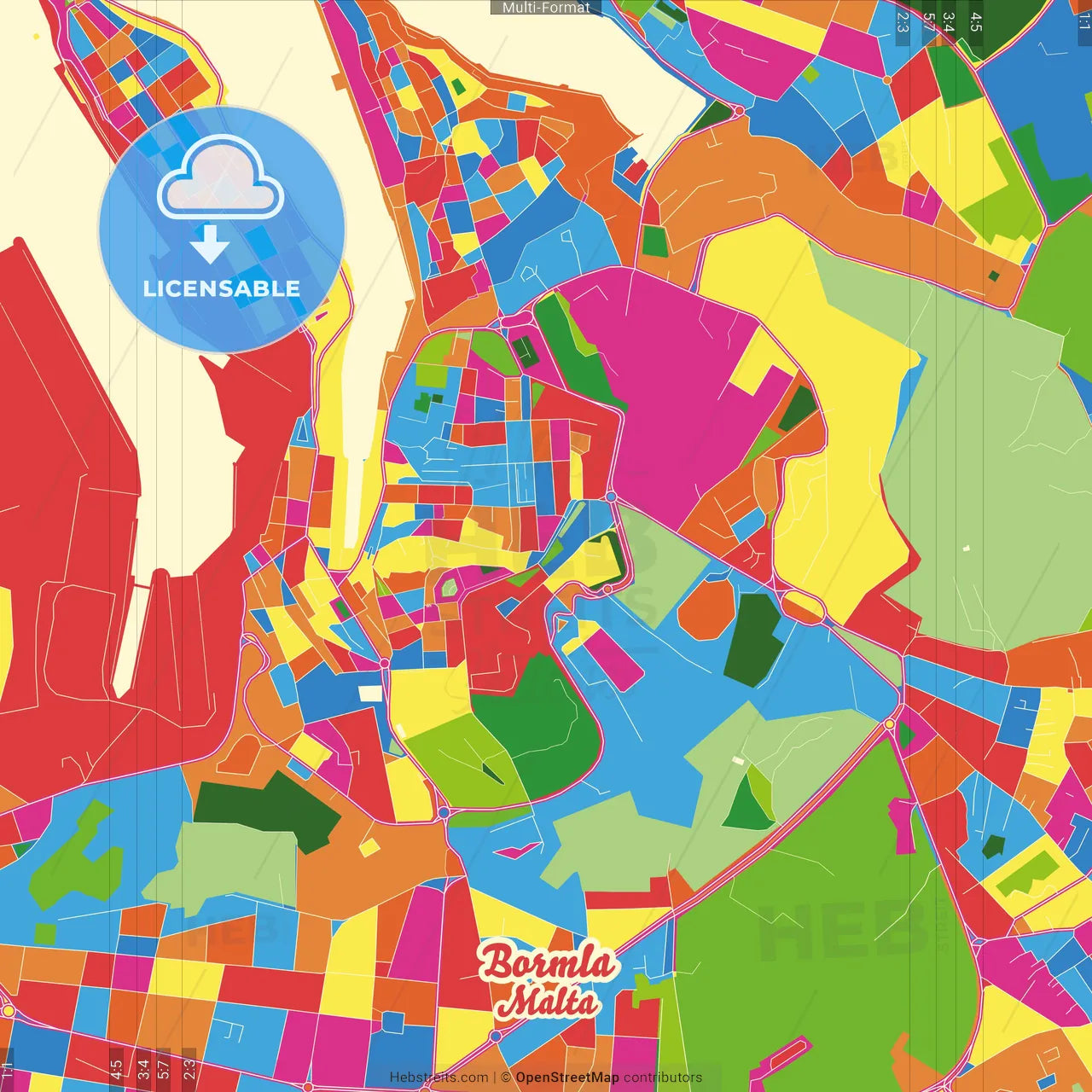 Bormla, South Eastern Region, Malta Crazy Colorful Street Map Poster Template