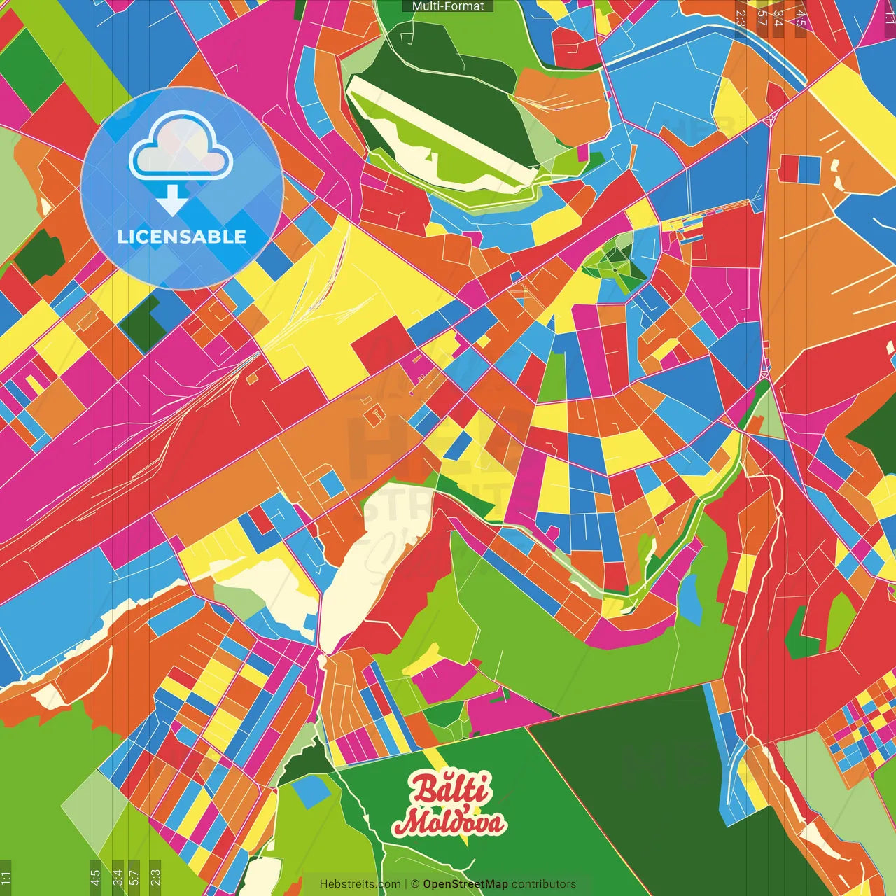 Bălți, Bălți municipality, Moldova Crazy Colorful Street Map Poster Template